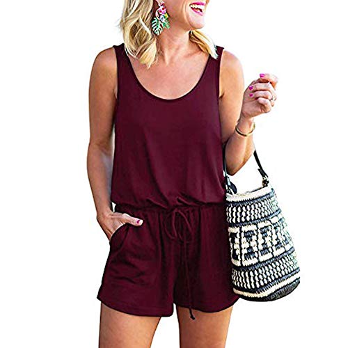 Artfish Women Summer Sleeveless Jumpsuit Casual Lounge Romper with Pockets Burgundy, L