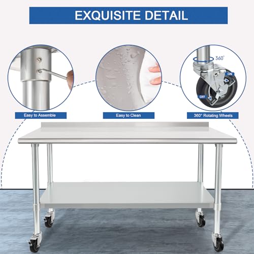 Image of HARDURA Stainless Steel Table 24 x 72 Inches with Wheels Casters NSF Heavy Duty Commercial Prep Table with 2 inch Backsplash and Adjustable Undershelf for Restaurant Kitchen Home and Hotel