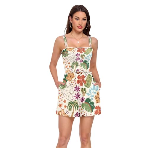Barboteuse florale à col carré style feuille de palmier décontractée pour femme