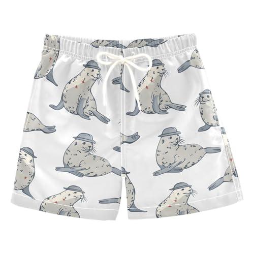 ALAZA Cute Seal Hat White Boys Quick Dry Beach Board Shorts Kids Swim Trunks Bathing Suit Swimsuit 5T