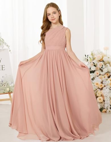 JISISANG One Shoulder Junior Girls Wedding Bridesmaid Maxi Flowy Dress for Junior Flower Girls Dresses Blue Solid A-line Long Dresses Teenagers Formal Evening Prom Ball Gown Blue Size 123