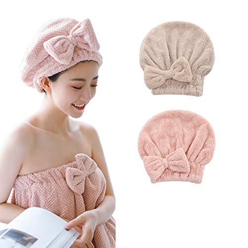 ALLMIRA タオルキャップ 2枚セット ヘアキャップ 大人 吸水 速乾 ヘアドライタオル ハホニコ お風呂 蝶結び 髪タオル かわいい 厚手 ヘアドライキャップ キャップタオル レディース (ピンク+カーキ)のサムネイル