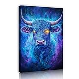ファンタジーユニバーススタイルキャンバスウォールアート牛と光る目と角キャンバスプリント写真寝室リビングルームの家の装飾ブルー40x56cmインナーフレーム