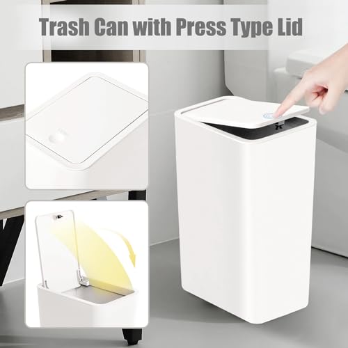 Image of TIPGO Bathroom Trash Can with Lid, 10 Liter / 2.6 Gallon Slim Garbage Can, Small Trash Bin Waste Basket with Pop-Up Lid for Kitchen, Bedroom, Living Room, Office (2 Pack, White)