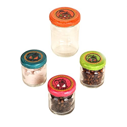 Image of AAKRITI ART CREATIONS Ladder Wall Decor with 4 Spice Jars | Wooden Wall Hanging Shelf with Storage Jars | Matte Finish Decorative & Functional Wall Art for Kitchen, Living Room & Gifting