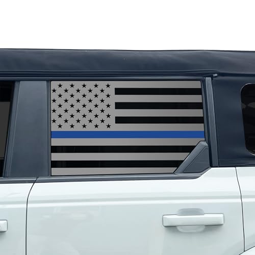 Image of BOGAR TECH DESIGNS Precut Rear Side Window American Flag Vinyl Decal Sticker Compatible with Ford Bronco 2021-2026, Thin Blue Line