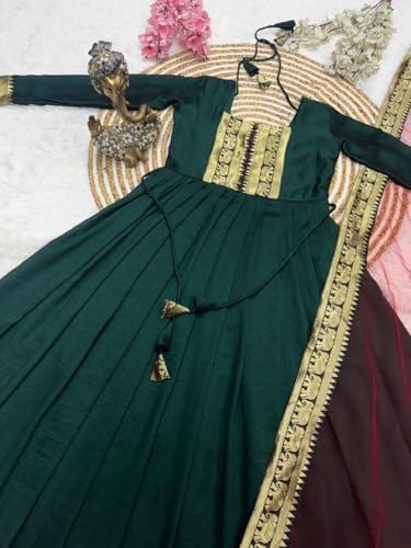 Image of Elegant Vichitra Silk Gown with Jacquard Zari Border - Includes Soft Net Dupatta with Lace Trim - Parrty Wear Ethnic Dress for Women & Girls