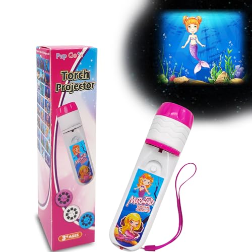 Image of Pup Go Mermaid Projector Flashlight for Kids Ages 3+, Ideas Christmas Stocking Stuffers Gifts for Girls, Pink Fairy Little Mermaid Toys, 3 Discs 24 Images, Kid Night Light Projector