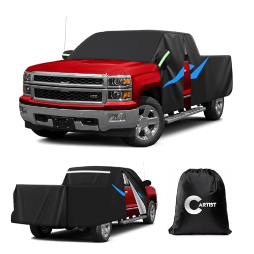 Image of 420D Car Cover Fits for RAM 1500 Limited Crew Cab 2019 /Silverado 2500 AWD 2015 /Sierra 1500 2011All Weather Truck Car Covers with Zipper Door & Reflective Safety Strips,Sun Rain Snow Dust Uv Protection