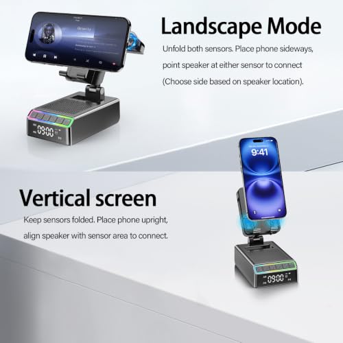 Image of Hupoaf Wireless Induction Speaker /Phone Stand,9-in-1 Bluetooth 6.0 Speaker | (Landscape /Portrait)Induction,Stereo Sound,Adjustable Phone Holder,Alarm Clock /RGB,Home Office,Birthday Gifts for Men Women