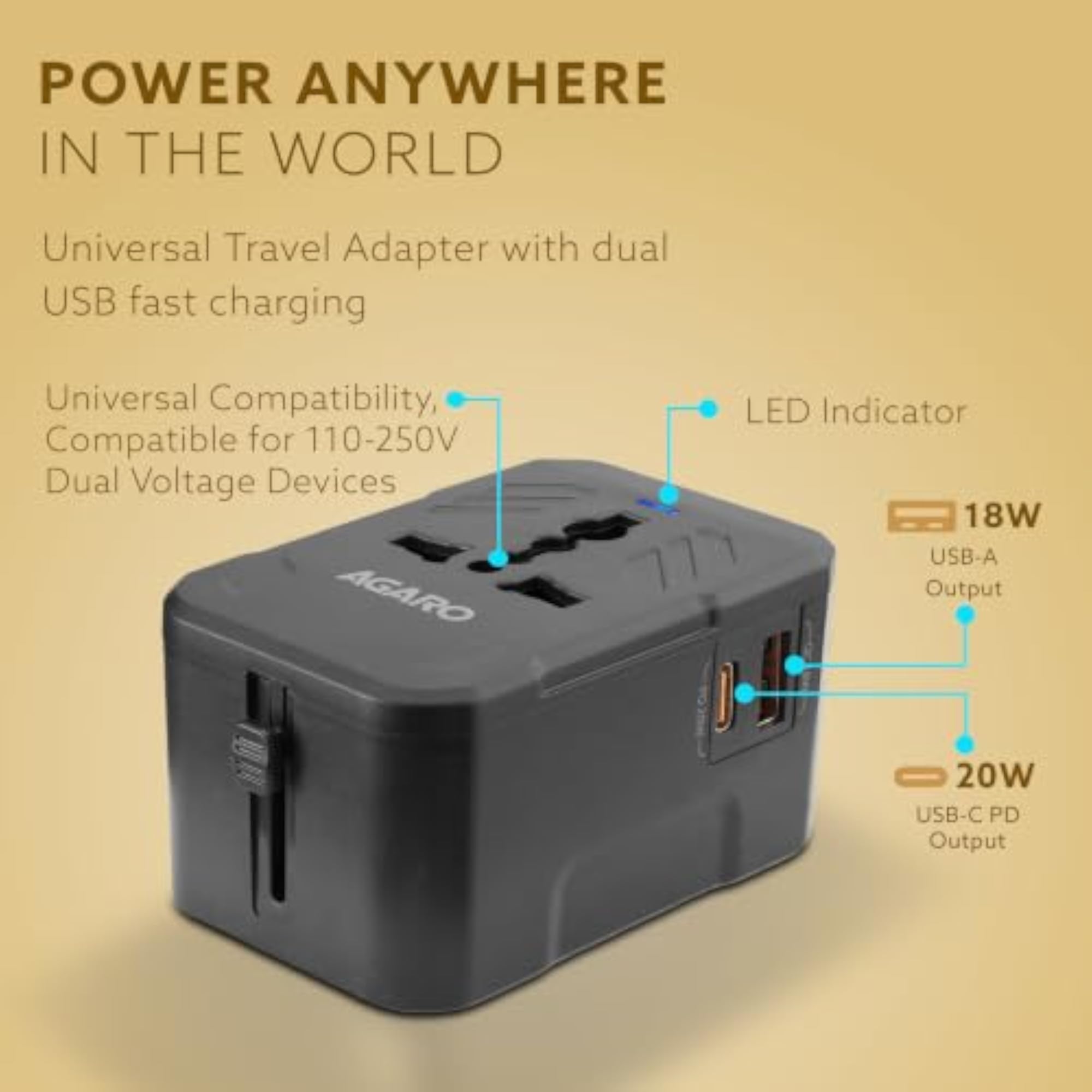 Universal Travel Adapter with 20W Fast Charging, All-in-One