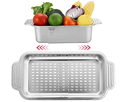 Over the Sink Colander Expandable Stainless Steel Strainer Basket for Kitchen Sink Rinse Veggies and Fruits,Drain Pasta and Small Dishes (Large)
