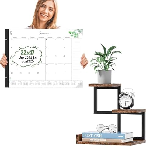 Gannyfer Wood Desktop Shelf + Large Desk Calendar 2024-2025 18 Month Desktop Calendar Cover