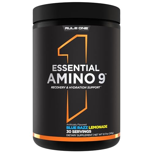 Rule1 1 Essential Amino 9 | Blue Razz Lemonade | Supports Muscle Recovery and Electrolytes for Hydration | Dietary Supplement | 30 Servings | 345 grams