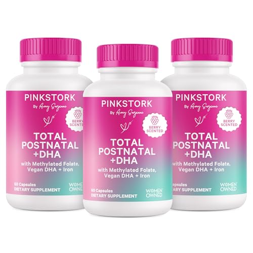 Image of Pink Stork Total Postnatal Vitamins for Women with Vegan DHA, Iron, Folate, and Vitamin B12, Postpartum Recovery Essentials, Daily Supplement for Breastfeeding Moms - 3 Month Supply