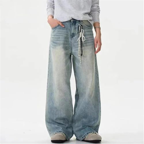 Men Summer Distressed Jeans Solid Color Washing Loose Wide Leg Straight Moustache Effect Trousers2
