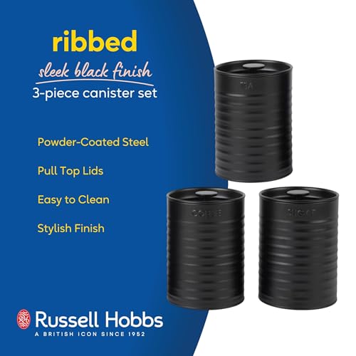 Russell Hobbs Ribbed 3-Piece Canister Set – Set of 3 Kitchen Storage Canisters for Tea, Coffee and Sugar, Durable Powder-Coated Steel, Pull Top Lids, Easy to Clean, Ribbed Design, Black - Cosy Home Interiors Russell Hobbs Ribbed 3-Piece Canister Set – Set of 3 Kitchen Storage Canisters for Tea, Coffee and Sugar, Durable Powder-Coated Steel, Pull Top Lids, Easy to Clean, Ribbed Design, Black - Image 2