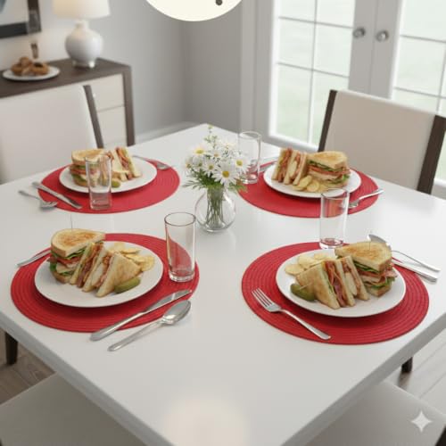 Image of Cotton Rope Placemats, Round Red with White Border, Set of 4, Heat Resistant Table Mats (red)