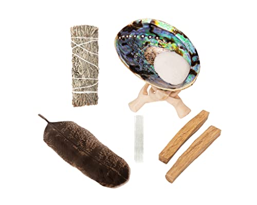 Sage Kit - Blue Sage Smudge Stick ~ Abalone Shell for Smudging ~ Palo Santo Sticks ~ 2 inchTripod Stand ~ 8 inch Feather and White Sand