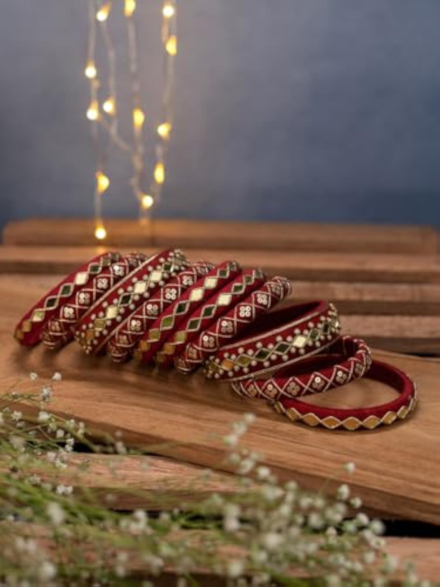 Handcrafted Maroon Mirror Work Cotton Thread Bangle Set for Women