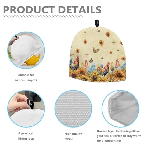 Image of Teapot Warmer Tea Pot Cover Keep Tea Warm Insulation Teapot Cozies Machine Washable Kettle Cover Breakfast Warmer for Teapot British Home Decor, Rooster Sunflower Butterfly