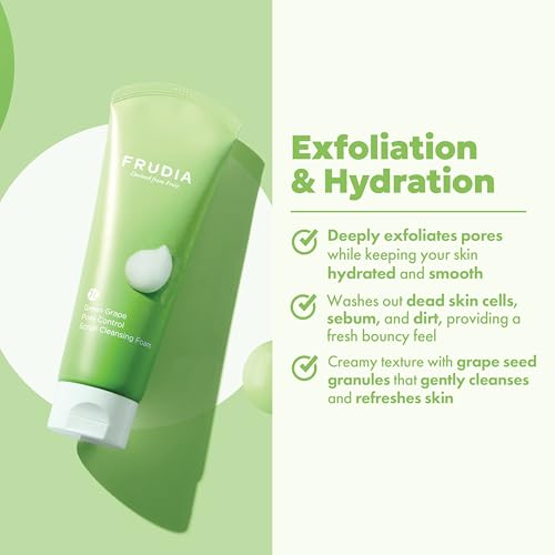 FRUDIA Green Grape Pore Control Scrub Cleansing Foam – Korean Skincare Deep Pore Exfoliating Wash with Green Grape Seed Scrub, Dust Zero Complex & Vitamin E, 4.9 fl oz
