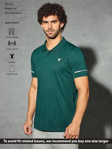 Image of TECHNOSPORT Men's Solid Slim Fit Polo Collar T-Shirt TECHNOCOOL+ Half Sleeve Button Polyester for Gym Running Workout UPF50+ Anti Odour