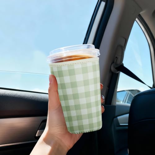 Image of Reusable Insulated Sleeve for Iced Coffee Cup, 3-Pack Coffee Neoprene Drink Sleeve for Cold & Hot Drinks, Beverage Holder for Iced Coffee (Olive Gingham)