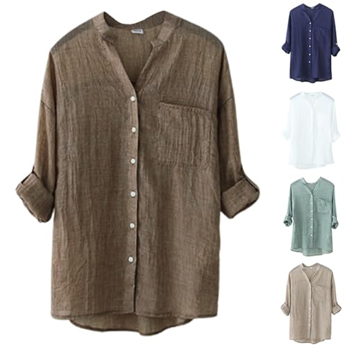 JEUROT Women Cotton Linen Shirts Button Down Casual Blouses Roll Up Sleeve Summer Gauze Tops Pockets Tshirt Loose Fit Tunics (Khaki, M)