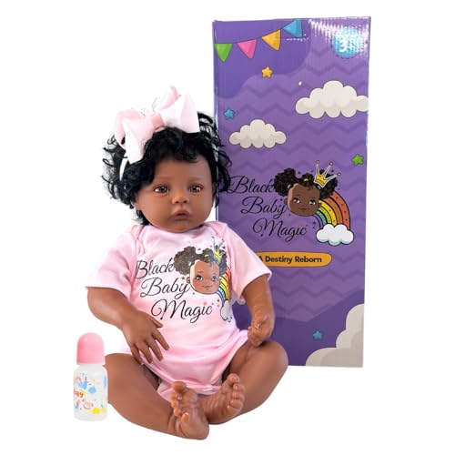 Black Baby Magic Reborn Destiny Doll w/Accessories, 6 Piece Gift Set Playset, Realistic Soft Body, Lifelike 17 Inch Newborn Babies, Curly Natural Hair, Black, African American Girl (Aria)