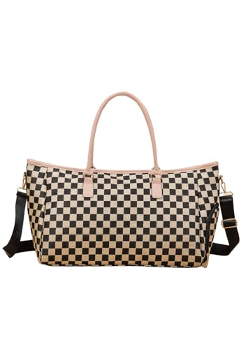 Mala de Mão e Bolsa Transversal Com Estampa Xadrez Bege