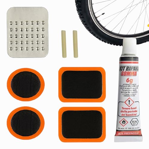 AUTOZOCO Kit Repara pinchazo, Kit de Reparación de Pinchazos, Set de Parches para Ruedas, Paquete de Reparación de Cámaras, Kit Emergencia Ruedas, 4 Parches, Lija, Bandas Caucho y Pegamento 6 Gramos