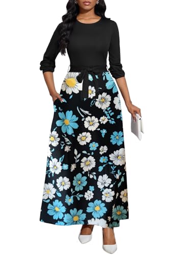 Image of BubFee Long Dress for Women Casual Long Sleeve Dresses Maxi Dress Empire Waist Loose with Belt