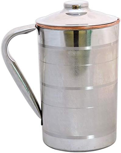 Stainless Steel and Copper Pitcher with Lid | Heavy Duty Stainless Steel and Pure Copper Jug with Matching Lid | Steel and Copper Pitcher for Ayurvedic Benefits Jug