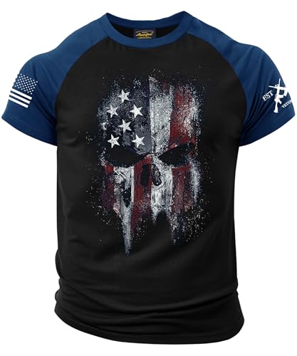Mainfini Men's American Flag Raglan Shirts Fashion T Shirt Patriot Red White Blue Tshirt Graphic Short Sleeve Workout Funny Independence 4th of July Fourth Gym USA 1776 Tee Black Reaper XXL