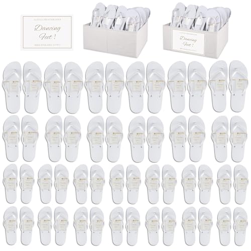 Entallor 24 Pairs White Flip Flops Bulk for Wedding Guests Women Wedding Sandals with 1 Foldable Linen Storage Bins & Display Sign Comfortable Bride Slippers for Reception Beach Pool Party Favors