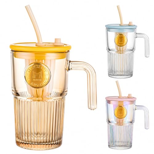 Image of Iridescent Glass Tumbler with Handle Lid and Straw - 530ML, Set of 1, Travel Coffee Sipper Mug Leakproof for Juice Cocktail Iced Tea Smoothie Hot Cold Drink Cup (Receiving Random Color)