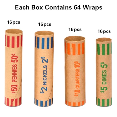 Image of L LIKED 64 Assorted Preformed Coin Wrappers, Quarters, Pennies, Nickels and Dimes (64 Assorted)