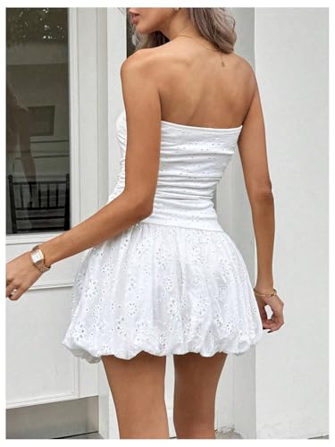 SOLY HUX Women's Tube Bubble Dress Y2k Strapless Sleeveless Ruched Eyelet Embroidery A Line Mini Dresses2