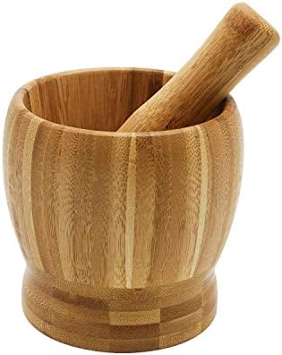 Bamboo Mortar and Pestle, Garlic Press Ginger Crusher Spices Grinding Set Garlic Mincer Herb Spice Masher Grinder Chopper Kitchen Tool