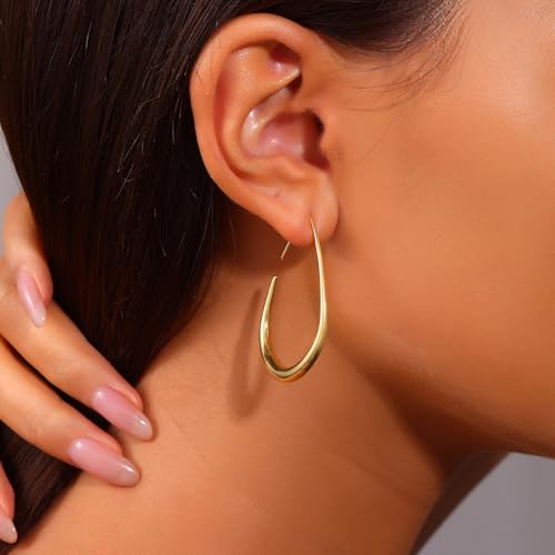 Teardrop Earrings for Women, Elegant and Exquisite Large Oval Pull Through Hoop Earrings, Highly Polished Statement Fashion Jewelry Gift4