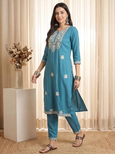 Image of INDO ERA Women's Viscose Rayon Floral Embroidered Straight Calf Length Kurta & Pant Set (IEAI11741)