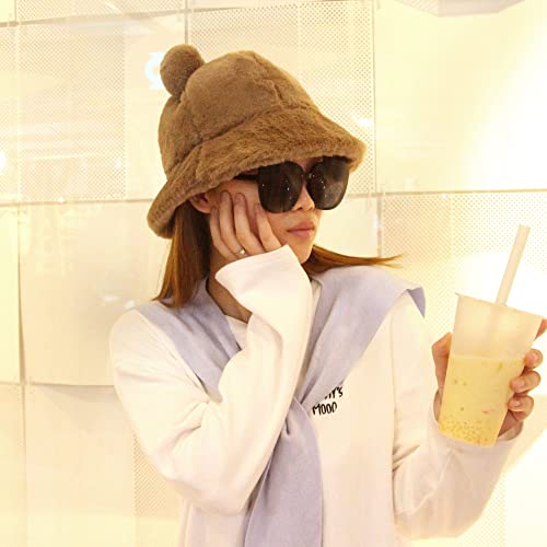 Haoohu Winter Bear Ear Bucket Hat Adults Faux Fur Bucket Hat Plush Cap Fisherman Beach Festival Sun Hat Dress Up Party Hat #TOP5