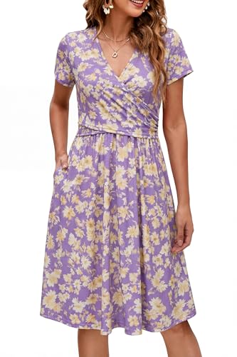 Image of OUGES Maternity Nursing Dress Breastfeeding Short Sleeve V Neck Casual Pregnancy Clothes with Pockets