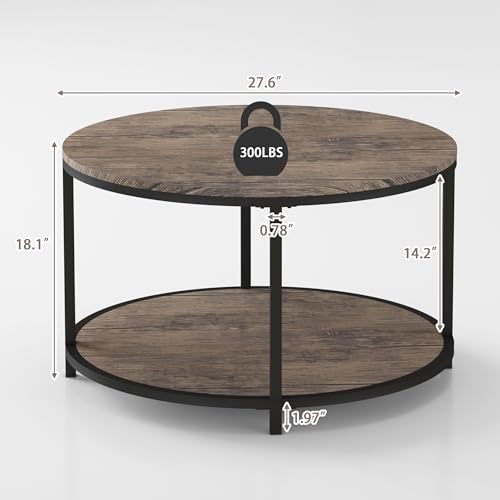 Image of NSdirect Round Coffee Table, 27.5 inch Small Coffee Table for Living Room,2-Tier Rustic Wood Desktop with Storage Shelf Modern Design Home Furniture(Light Walnut)