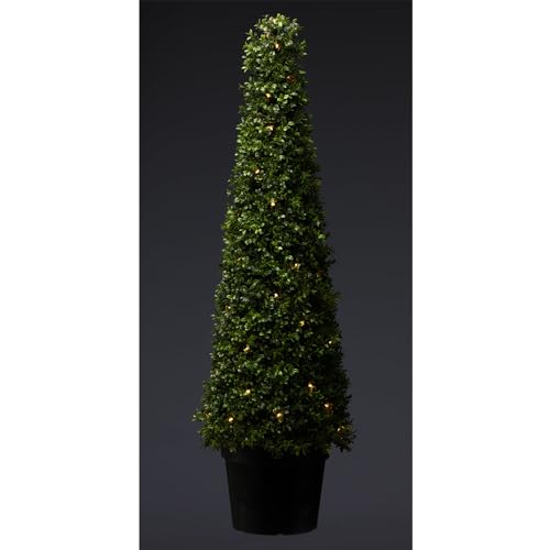 4' UV-Resistant Outdoor Artificial Boxwood Cone-Shaped Battery Operated LED-Lighted Topiary w/Pot -Green