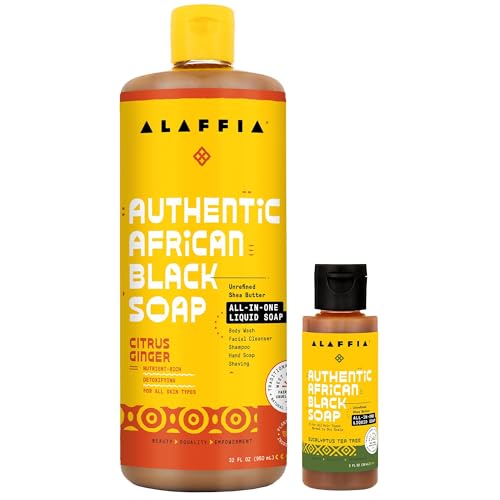 Alaffia Authentic African Black Soap Variety 2-Pack – All-In-One Liquid Soap, Travel-Size Eucalyptus Tea Tree + Full-Size Citrus Ginger Body Wash, Face Wash, Shampoo, Shaving Soap