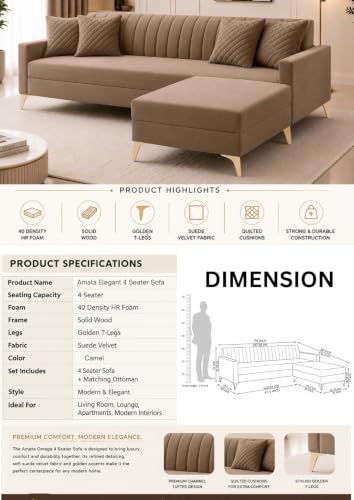 Image of AMATA Falcon ele 4 Seater Fabric Suede Velvet Camel Colour Sofa Set with Four Cushions Perfect for Home Office Guests Living Room (Falcon Camel 01, Falcon 4 Seater l Shape)(3 Year Warranty)