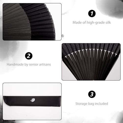 JOHOUSE 2PCS Bamboo Silk Folding Fan, Chinese Vintage Retro Fabric Fans Black Handheld Fan for Performance, Dance, Fighting, Wedding, Church, Party & Gift - Thumbnail 3