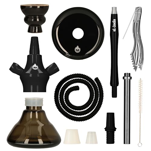 EL-BADIA XS Hookah 21cm – Kompakte & Tragbare Reise-Shisha – Komplettes Mini Shisha Set mit Glasbowl, Aluminiumsäule, Schlauch & Kopf Inklusive (Deep Black)